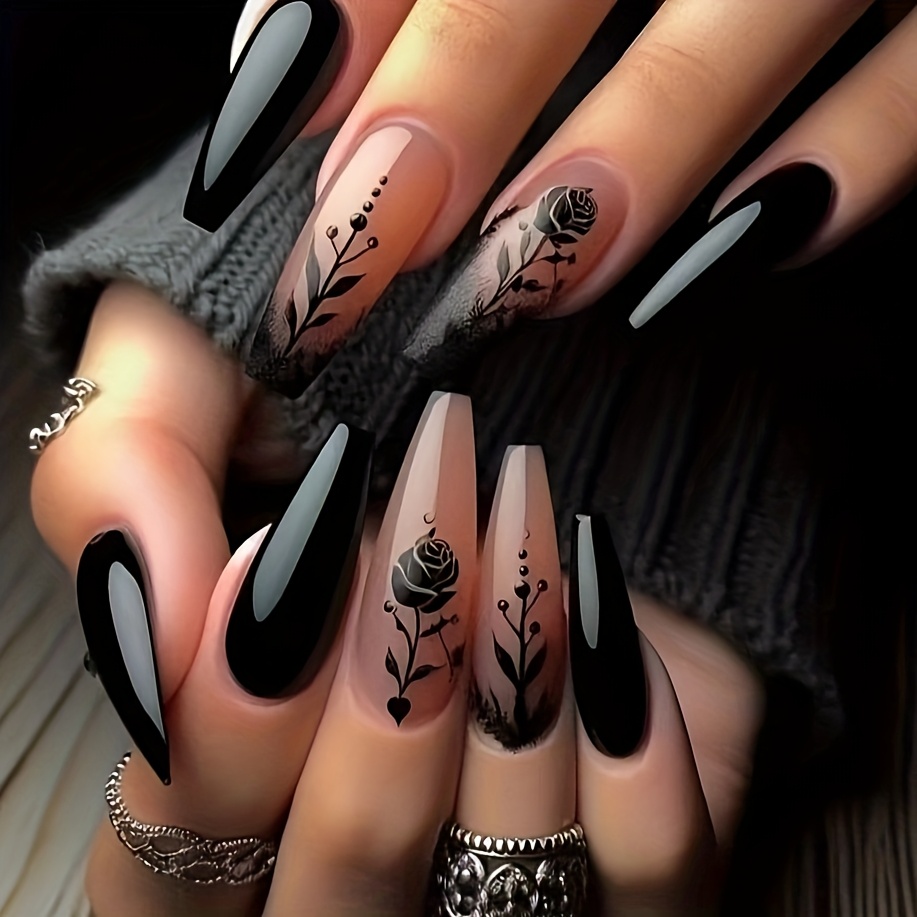 Gothic Style 24pcs Of Rose Long T Hot Fake Nails Black Pattern Branches Dark Cool Temperament High-end Versatile White Wear Nails Must-have Nail Art