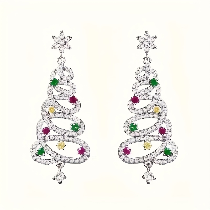 TEMU Chic 925 Silvery Christmas Tree Earrings With Colorful Rhinestones, Weddings, Gifts, And Valentine's Day. A Fashionable Accessory For Women That