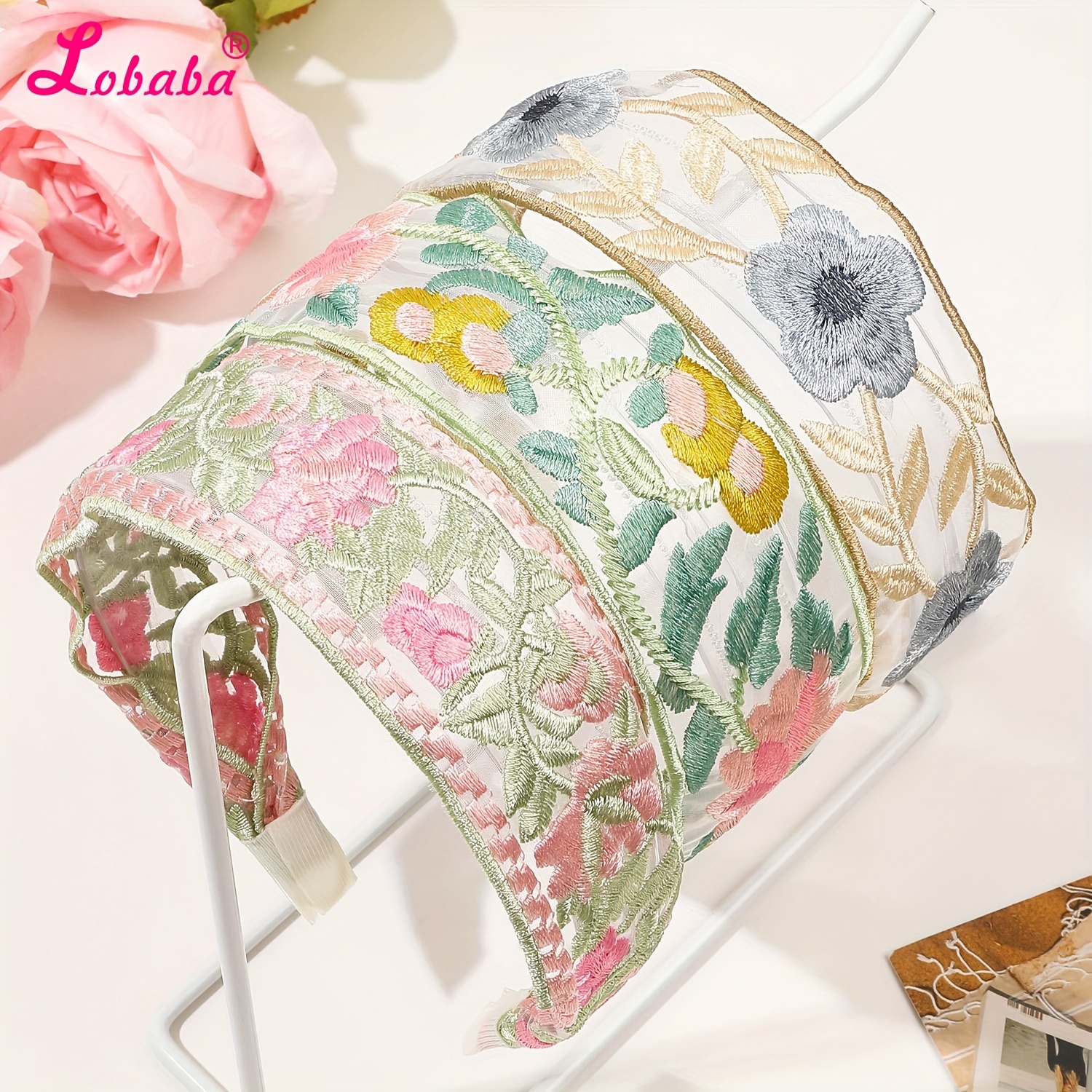 

Lobaba 3-piece Set, Ethnic Floral Embroidered Wide Headbands, Elegant Fabric Hair Accessories For Women, Assorted , Fashionable Headwear, Brand Lobaba