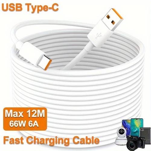 imagen del artículo cable usb a tipo-c de 66w 6a, cable de carga rápida usb c para huawei oppo samsung sony ps4 power bank para vigilancia de seguridad, cámara wifi, cable de extensión de carga de energía, grabadora de conducción, cable de carga tipo-c largo max 12m