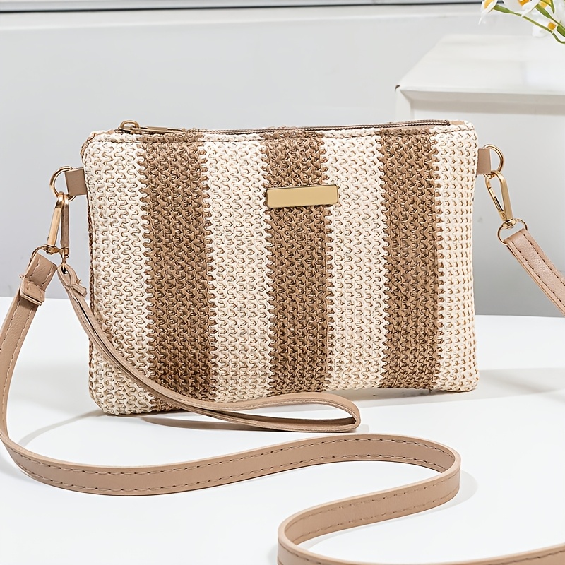 TEMU Sac à bandoulière pour femme, sac en tissu tissé, sac de poignet à motif color block, pochette portable pour téléphone avec sangle d'épaule