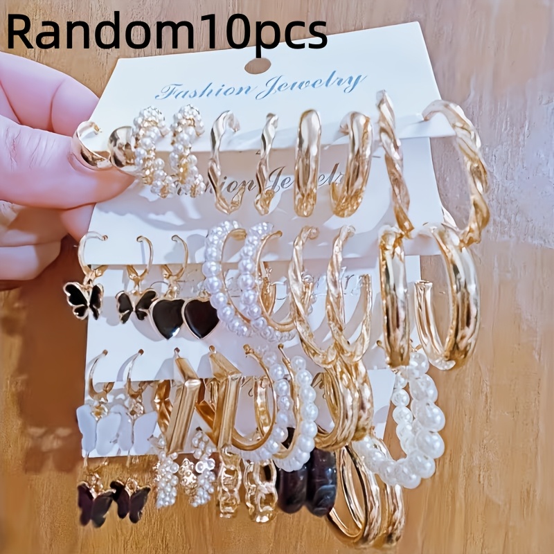 TEMU Random 10pcs Heart Pearl Resin Hoop Earring Set Fashionable Easy Versatile Style Suitable For Daily Holiday Party Dating Vacation Wear Additions