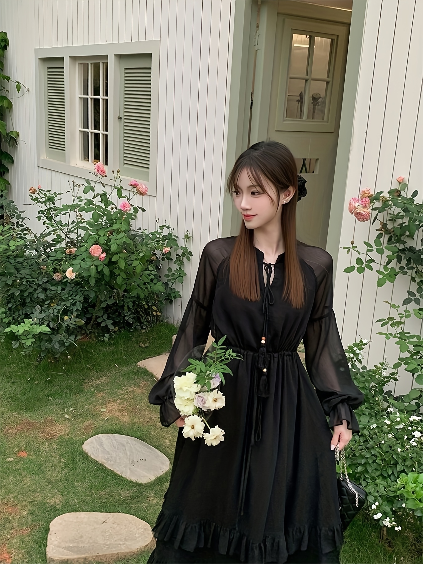 Women's Elegant Floral-like Formal & Everyday Dress - Long Flowy A-Line Skirt with Waist Tie, Machine Washable Women's Dress for Parties, Office, Dates - All-Season Chic Outfit, Date Night Look, Feminine Design, Comfortable Fit, Women