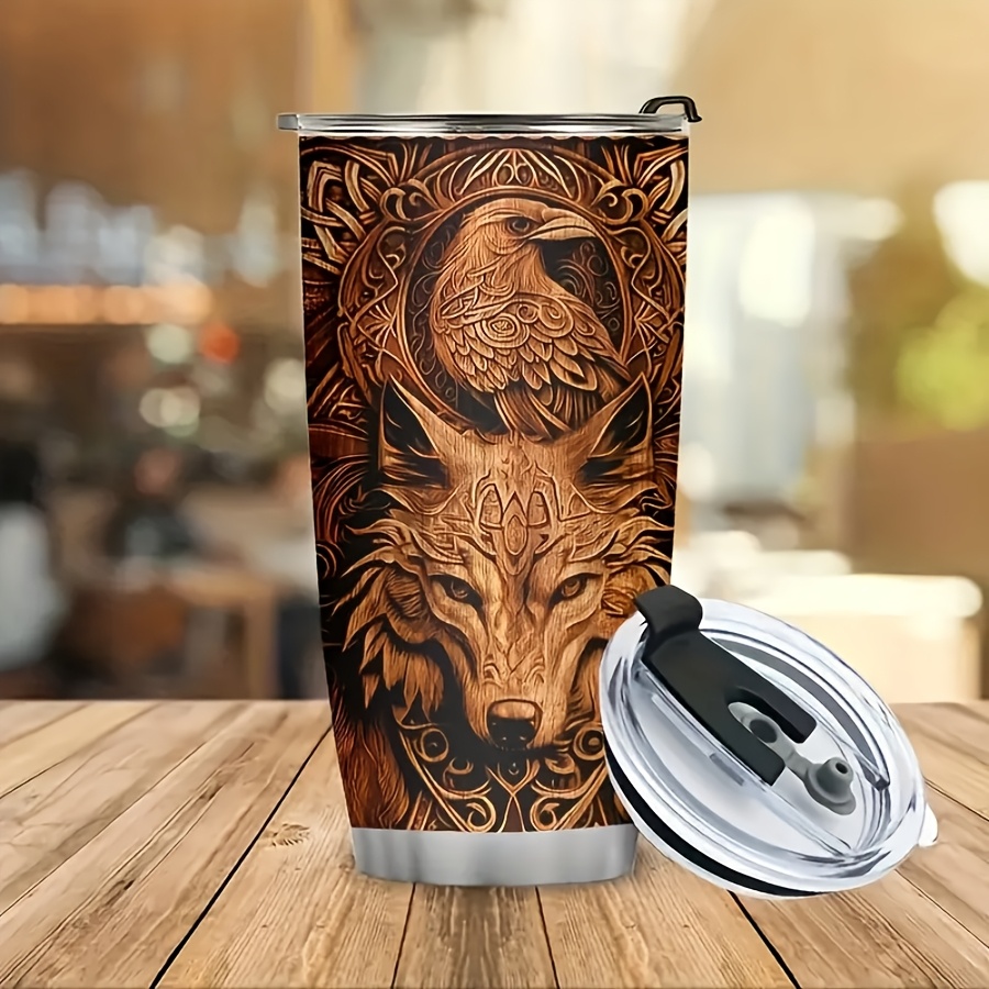 TEMU 1pc Viking Themed 20oz Tumbler With Straw And Lid And Eagle Insulated Mug Durable Stainless Steel Travel Cup For Car Office Camping Holiday Gifts Christmas New Year Birthday Gift Brown