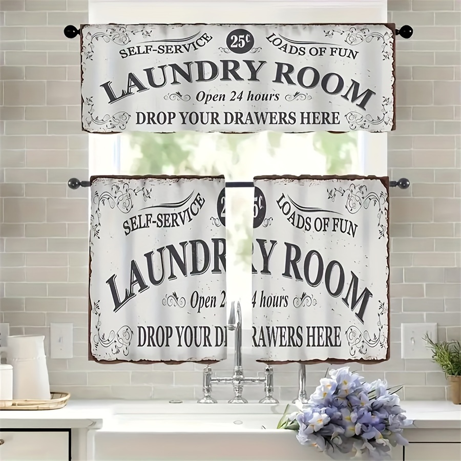 

1/2pcs Laundry Room Curtains, Rod Pocket Valance Curtain Tier, 1 Valance/2 Curtains Tiers, Window Treatment For Kitchen Cafe Living Room Bedroom, Home Decor