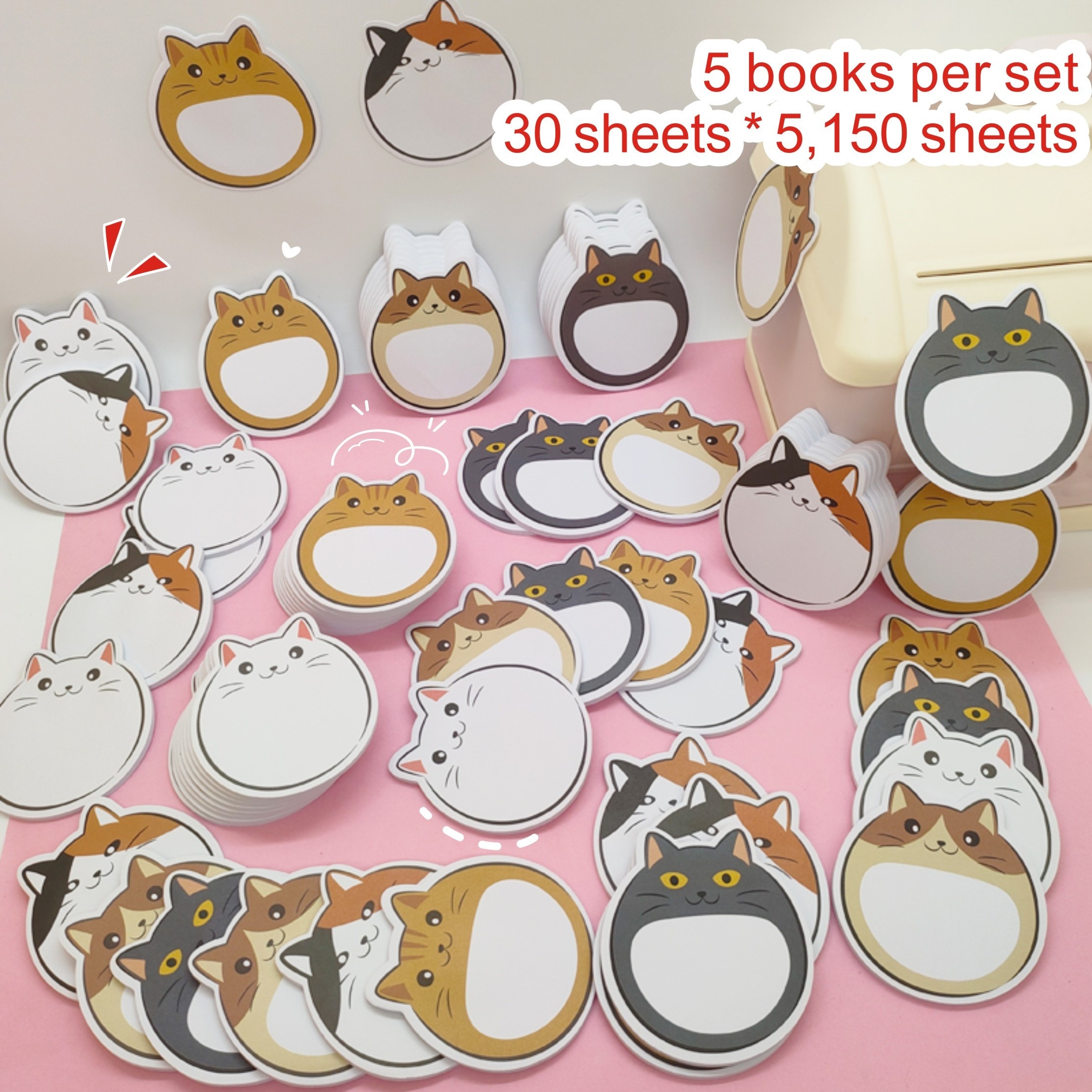 

5-pack Cartoon Kitty Notes, 150 Sheets, Supplies, Cute Cat Design, Journaling, , Memo, Desk Stationery