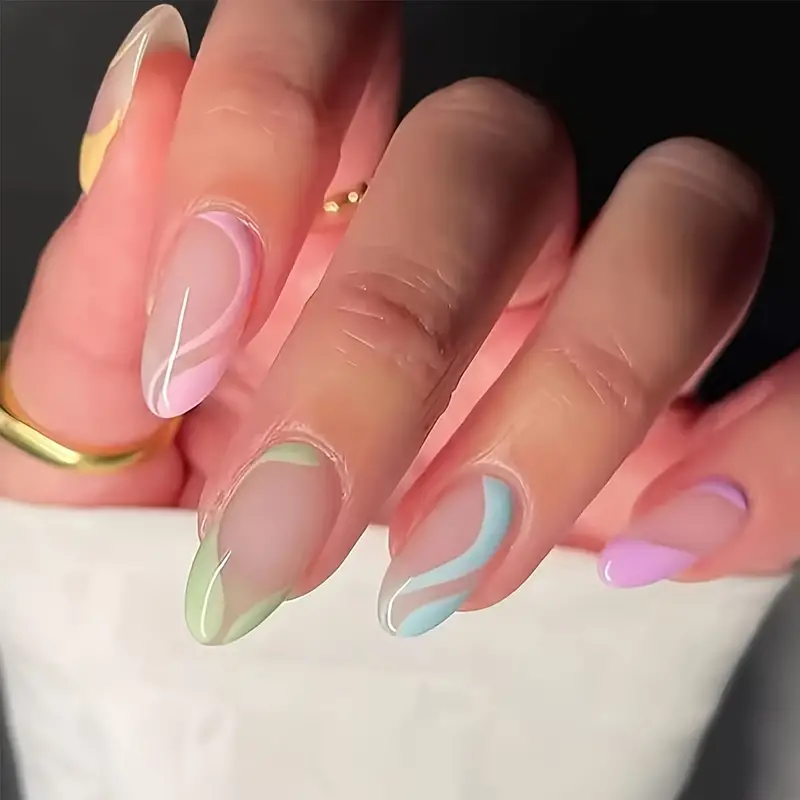 Colorful Ripple False Nails Medium Almond * Nails Multicolor Striped Nail Art Pieces