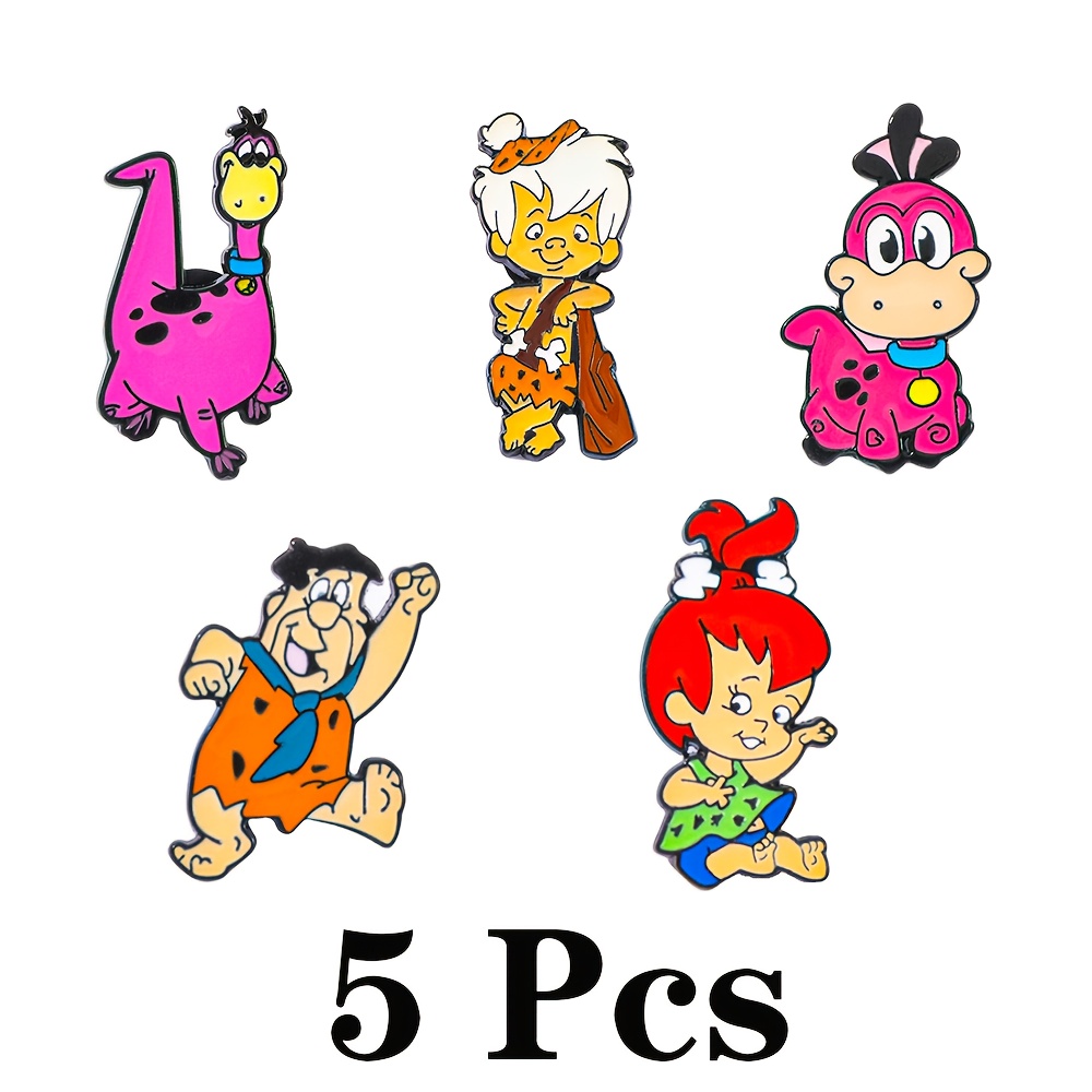 TEMU 5pcs The Flintstones Enamel Pins - Colorful Metal Badges With Red Hair, Blue Overalls & More, Durable Alloy, Perfect For Clothing, Backpacks &
