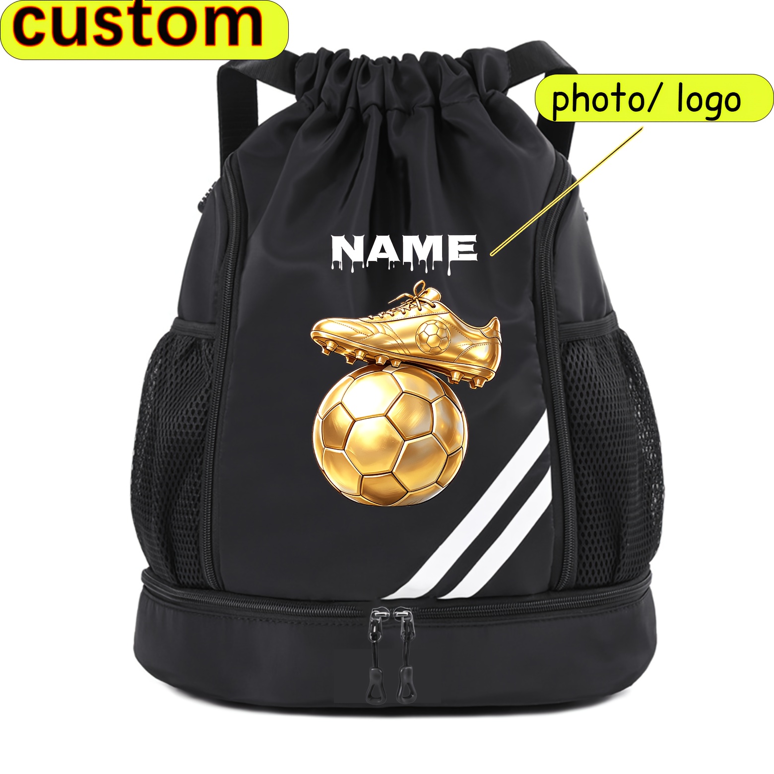 TEMU Nueva bolsa de fútbol engrosada con personalizable y estampado de bota dorada, mochila de fútbol para exteriores y bolsa de baloncesto, mochila
