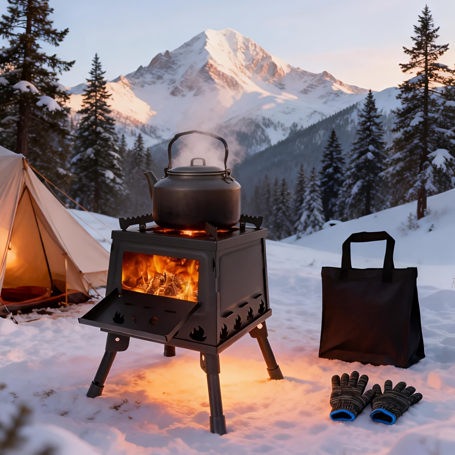 TEMU Portable Wood Burning Stove | Carbon Steel Camping Wood Stove For Outdoor Hiking, Picnic, Bbq, Travel | Durable & Lightweight, Black, No Ignition Function