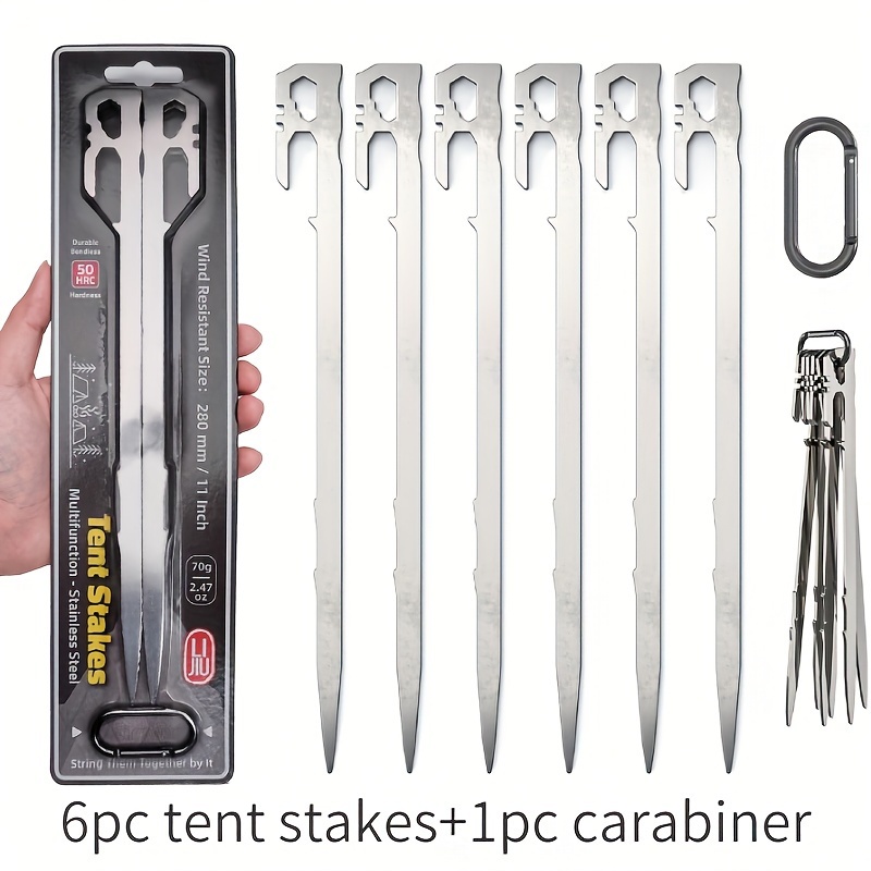 

adventure-ready" 6-piece Heavy-duty Stainless Steel Tent Pegs - Extra Long & Thick For Secure Camping, Mountain Climbing & Terrains