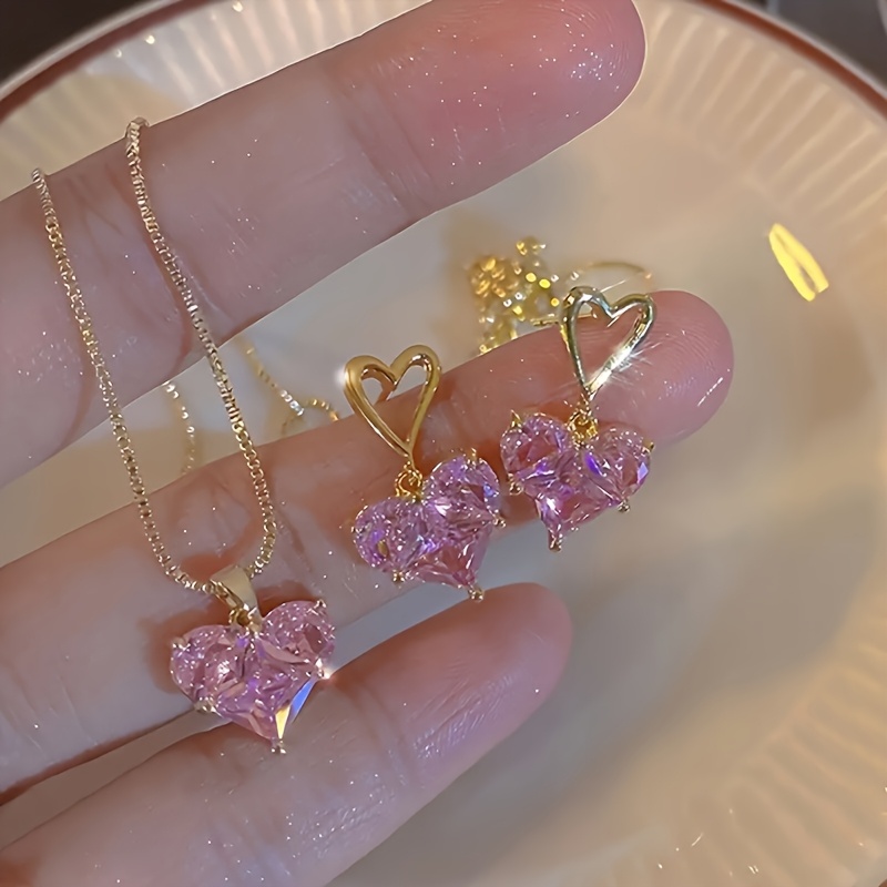 TEMU Juego de 2 piezas: Conjunto de collar y aretes con colgante de rosa con pedrería artificial, delicado de estilo francés, collar de cadena de