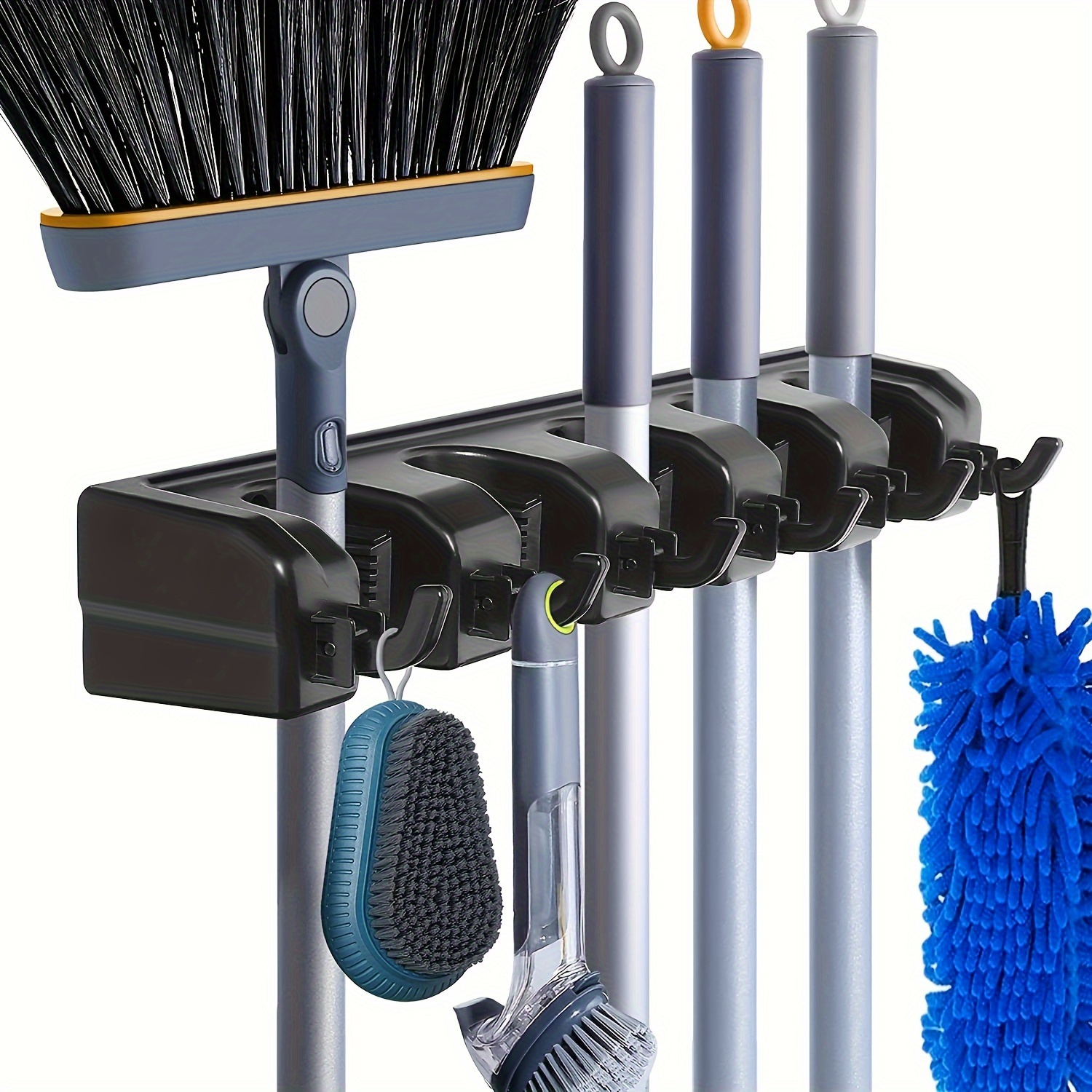 

Wall Mount Broom Holder Organizer - 5 Slot 6 Hook Spring Clip Garden Tool Rack, Polished Finish Hanging Shelf, Durable Pp Home Laundry Garage Storage And Organization System