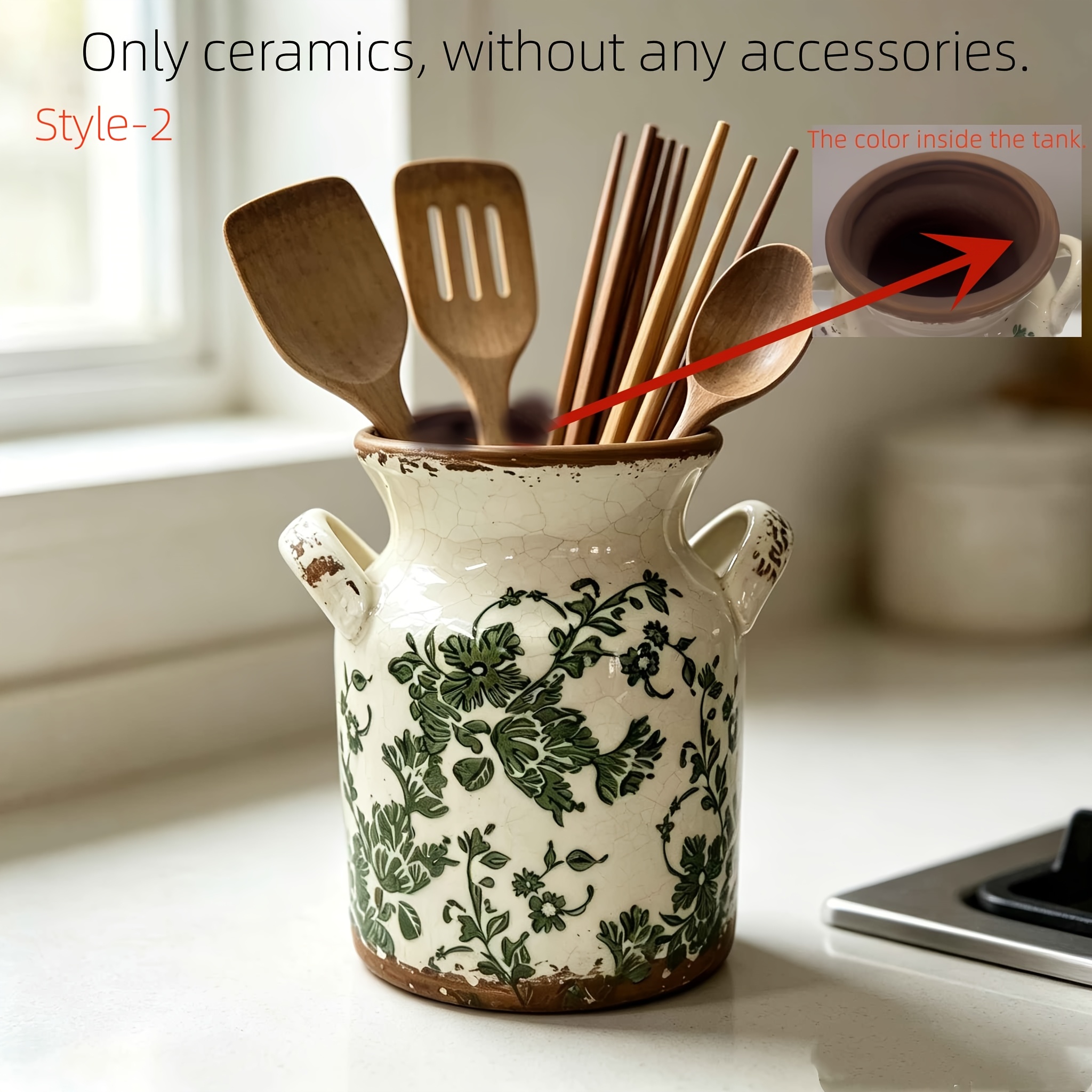 TEMU 1pc Double Ear All-purpose Ceramic Vase, Storage Jar, Kitchen Counter Utensil Holder For Spatulas, Spoons, Chopsticks, American Countryside Vase