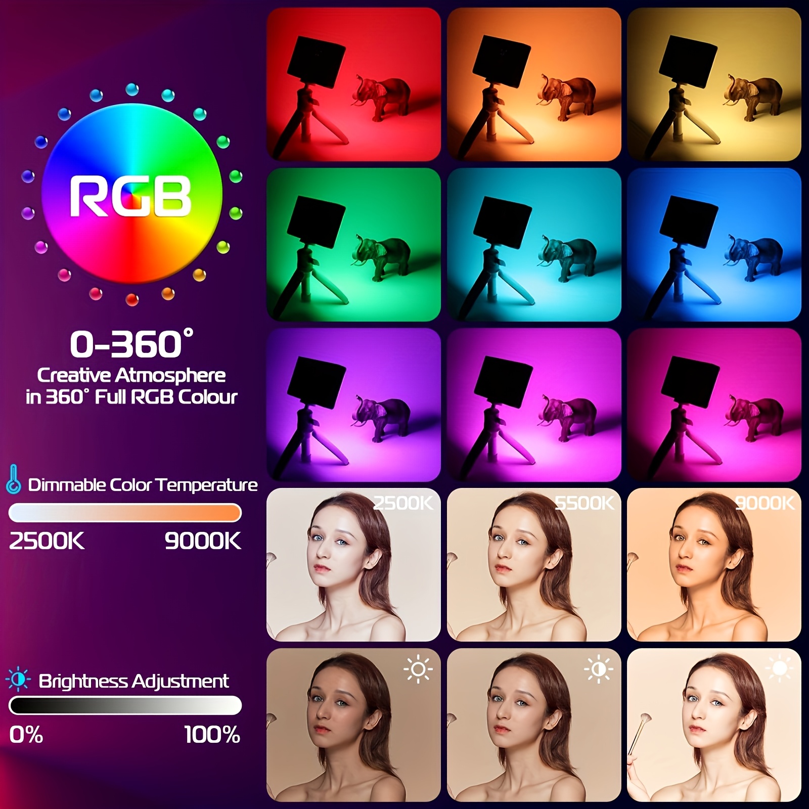 E-shop ZOMEI RGB-Licht, Tragbares LED-Lichtpanel 0-360 Vollfarbe, CRI 95+ 2500-9000K LED-Licht, Wiederaufladbare LED-DSLR-Beleuchtung für Vlogging,