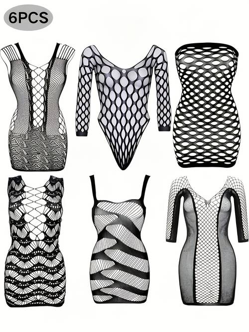 6pcs set black large mesh bodysuit hollow out lace up bodysuit for women long sleeve sheer top high fit nightclub hot dancewear