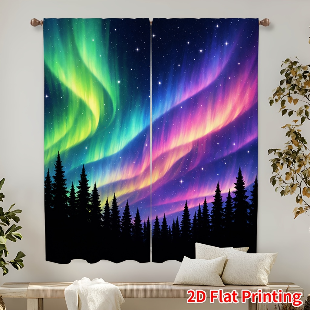 TEMU 2pcs Aurora Forest Print Blackout Curtains Suitable For Living Room, Privacy Window Drapes With Design, Machine Washable Panels For Bedroom,,