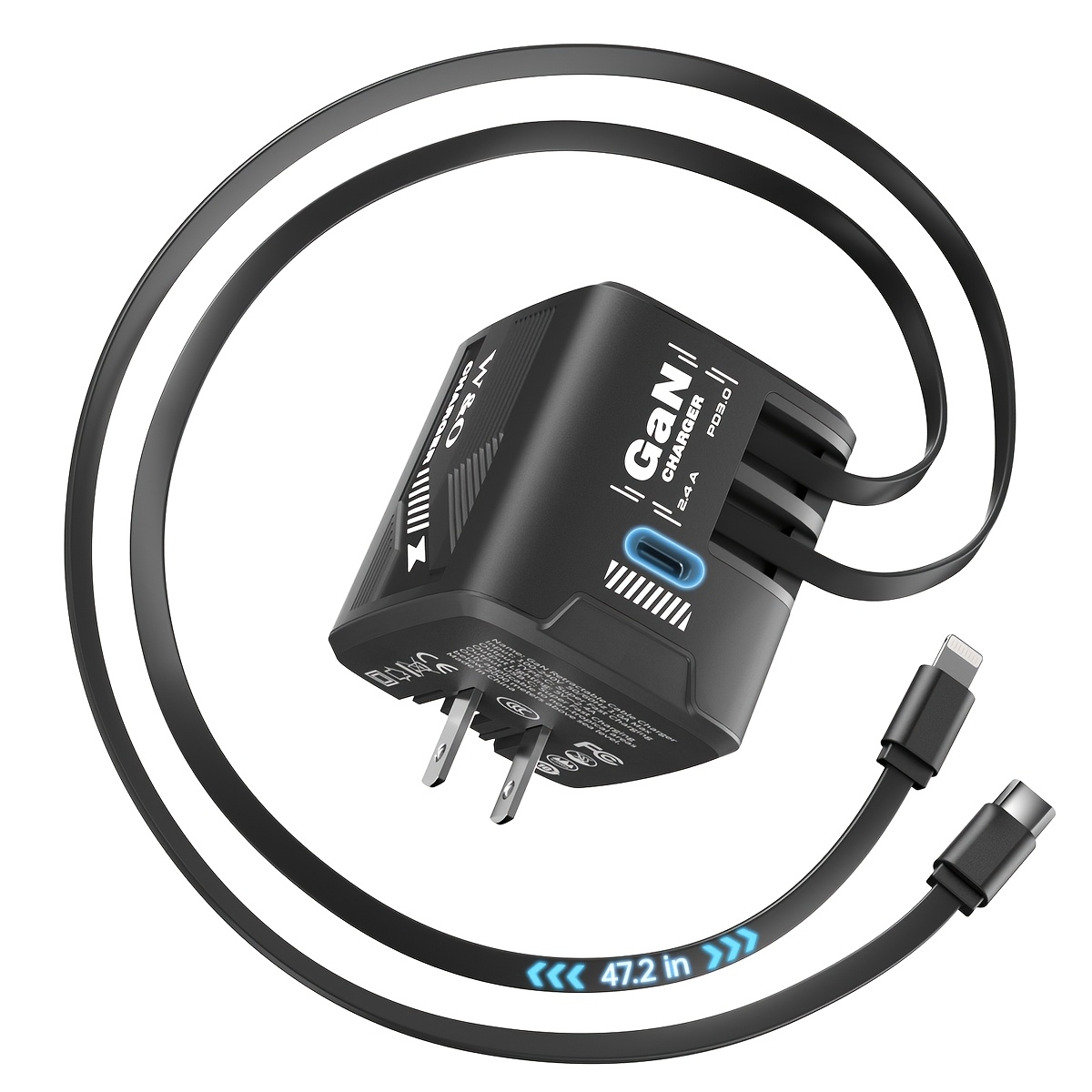 TEMU Chargeur GaN portable super-rapide 120W avec câble ultra-long extensible - 120cm/47.24in (prise pliable) - Durable et anti-nœuds | Charge rapide