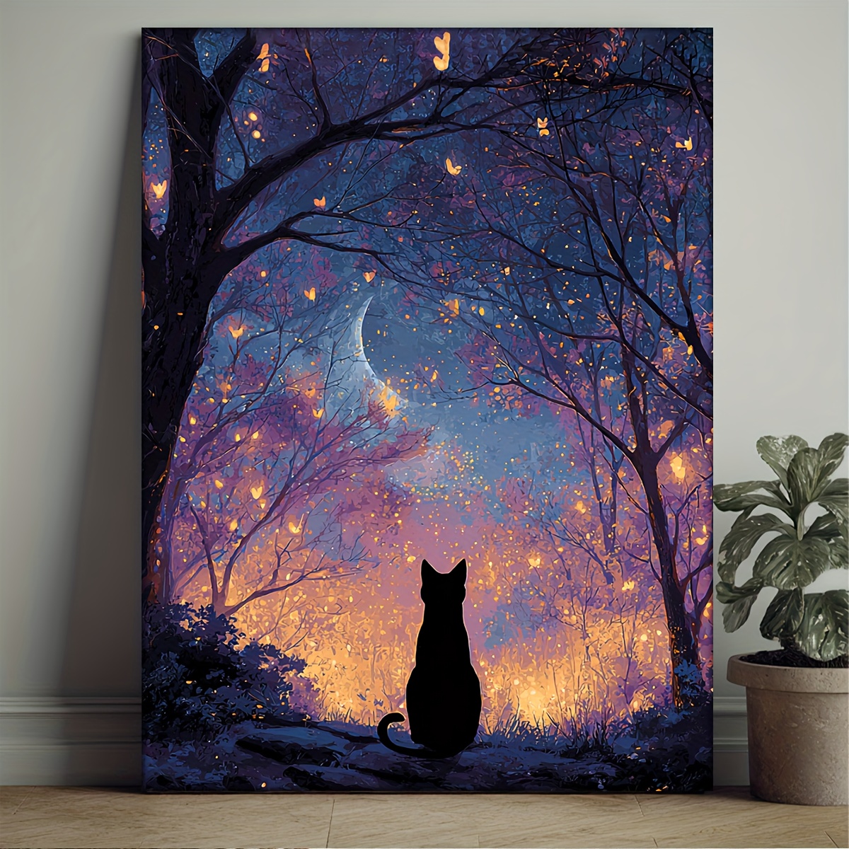 TEMU 2d Flat, 2d Flat, 2d Flat1 Width Wall Art - A Comic-style Canvas Painting Of A Black Cat Under The Moonlight, Featuring A Mysterious Night Scene