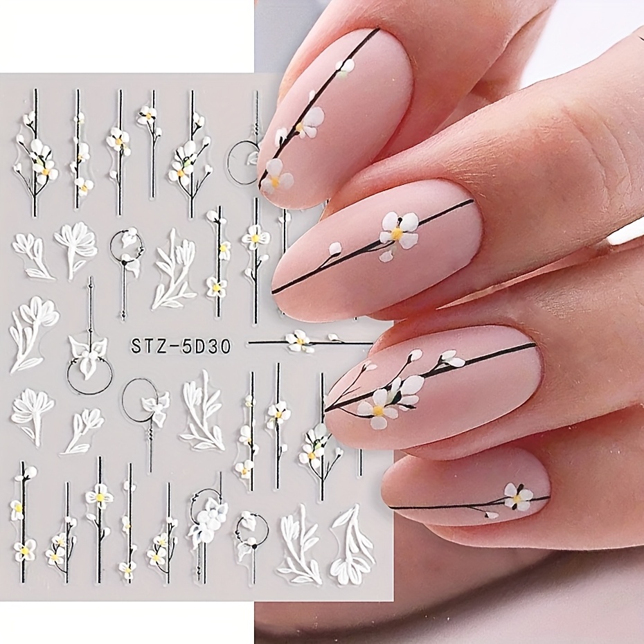 5pcs white flowers lace nail stickers 5d decals embossed - Temu Canada