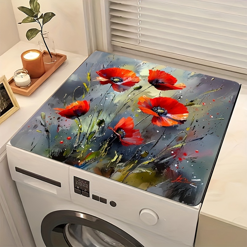 TEMU 1pc Washing Machine Dust Cover Mat, Drying Bathroom Drain Mat And Dryer Mat, Suitable For Tableware Floral Poppy Design, For Laundry Room And
