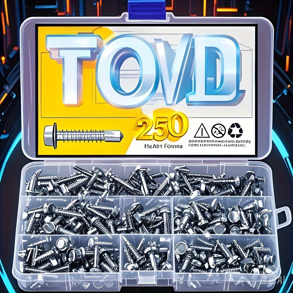 TEMU 250pcs Stainless Steel 410 Self-tapping Screw Set, Round Head Hex Full Threaded Screws, Includes 1/2 Inch, 3/4 Inch And 1 Inch Length Screws For