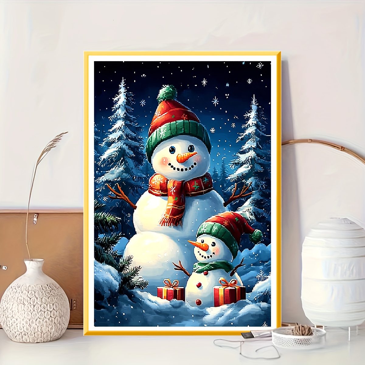TEMU Kit de point de croix de Neige de Noël | Ensemble imprimé pour débutants | Inclut outils et fils | Fils à 11CT | Peinture décorative de scène de