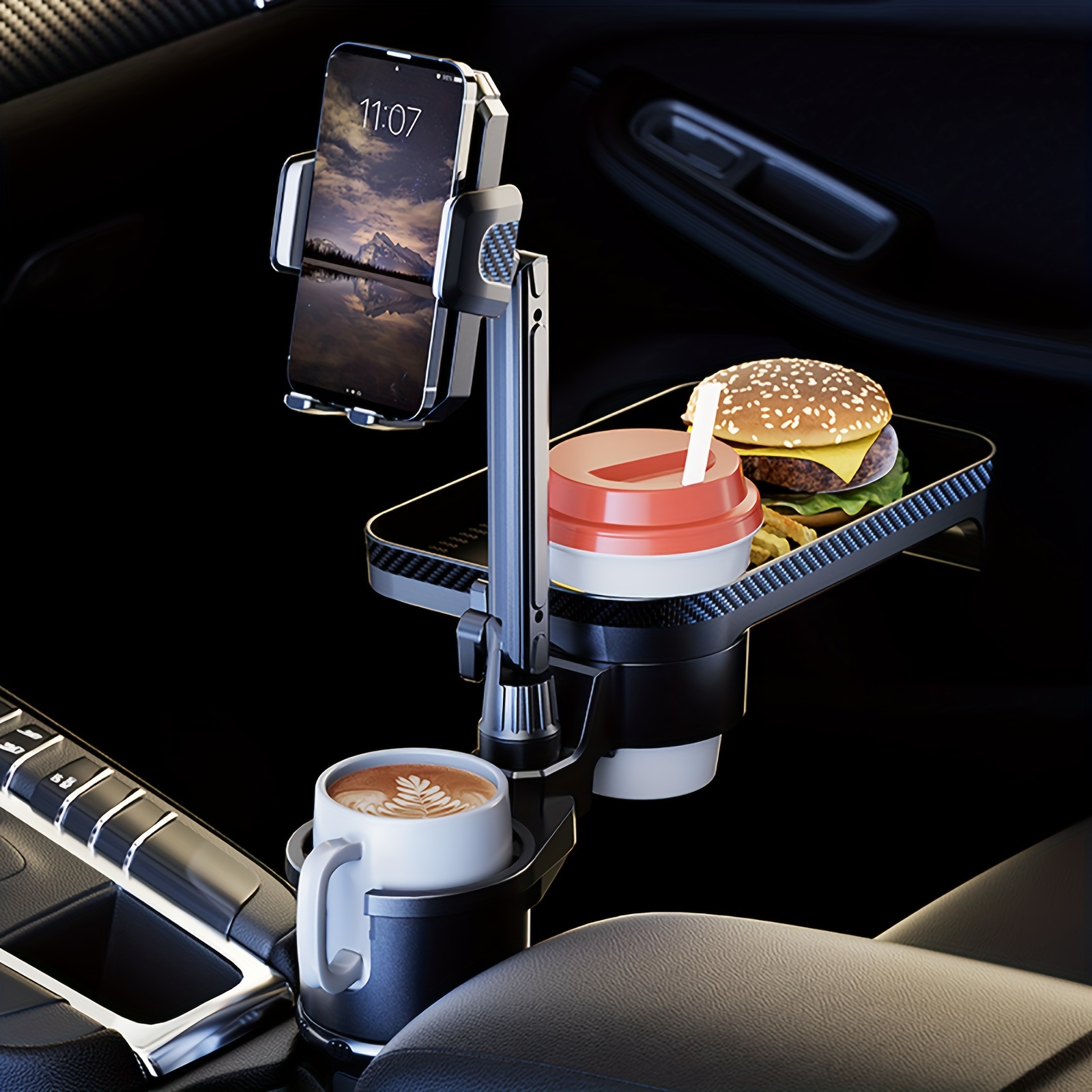 Car Cup Holder Tray & Phone Mount, 3-In-1 Cup Holder Expander Tray Table  With Expandable Base, Cell Phone Holder And Dual Drink Cup Holder For Truck