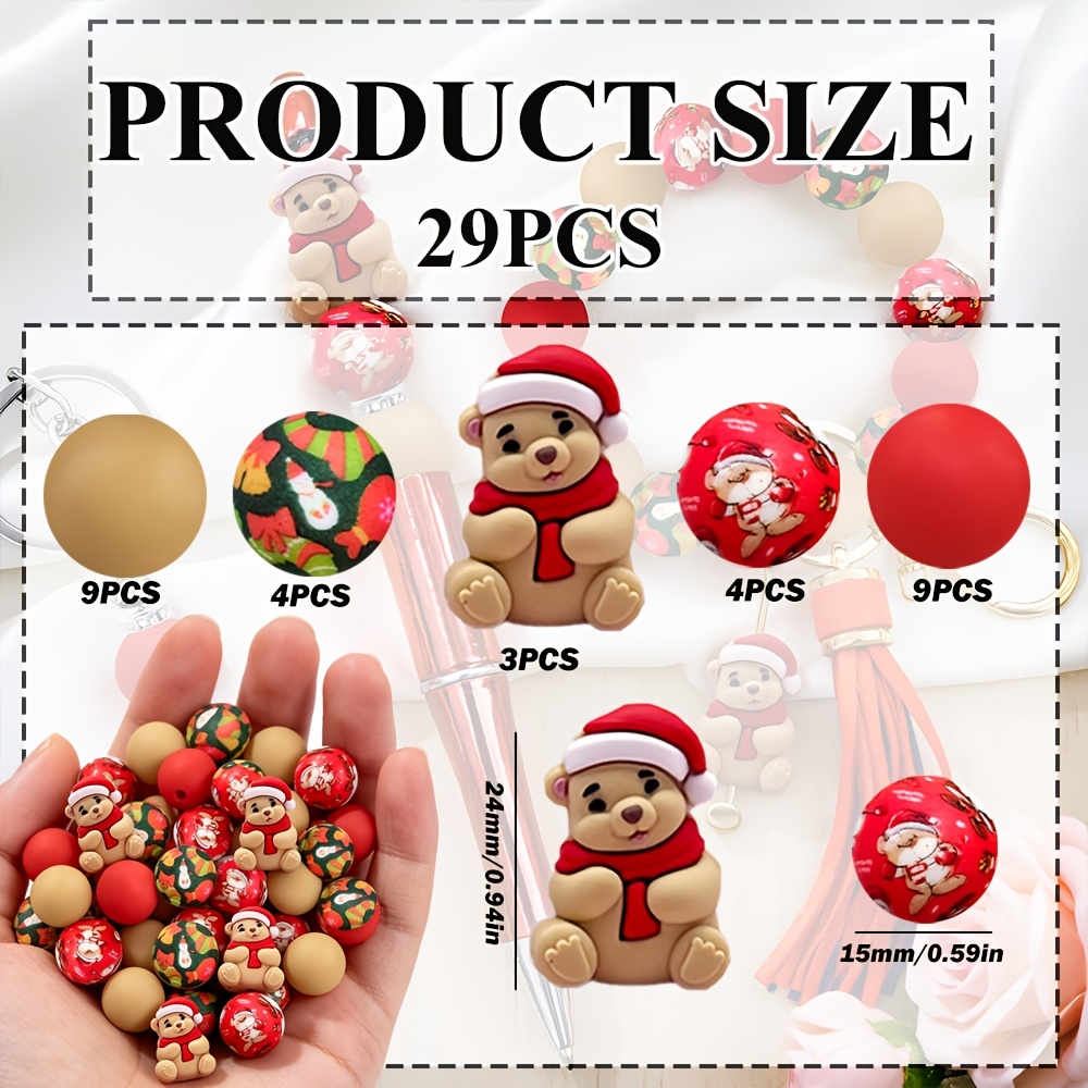 TEMU Ensemble de 29 perles en silicone de Noël, assis avec chapeau de Père Noël et écharpe rouge, Inclut des perles imprimées sur le thème des fêtes