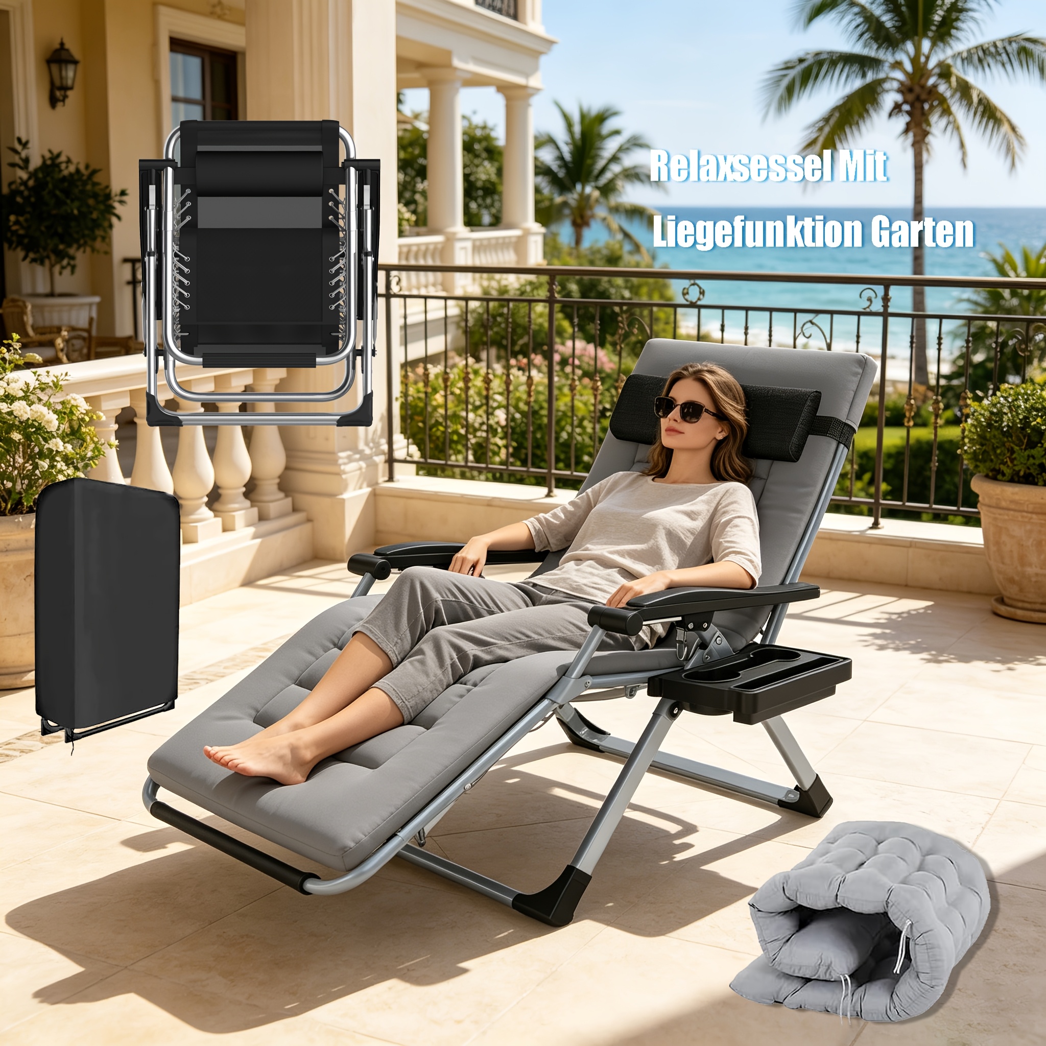72 Cm Foldable Sun Lounger With Adjustable Backrest (90-170°) – Outdoor Chair, 200 Kg Load Capacity, No , Includes Head & Cup Holder For Balcony, Terrace, Pool & Camping