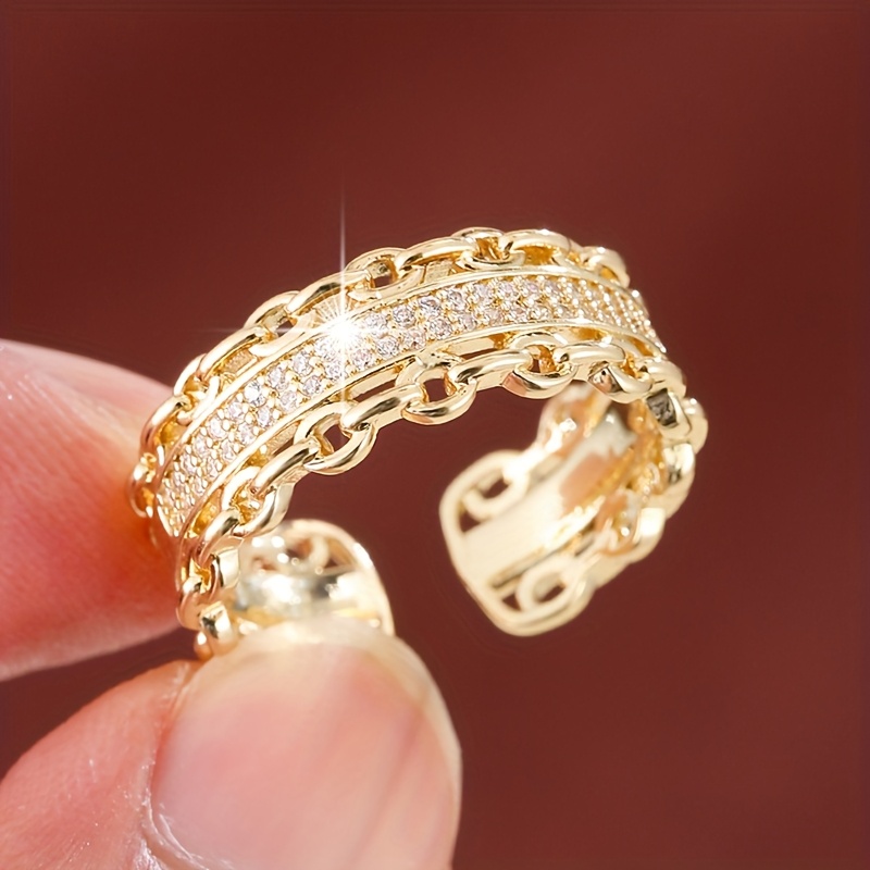 Adjustable Double Chain Open Ring with Zirconia Stones
