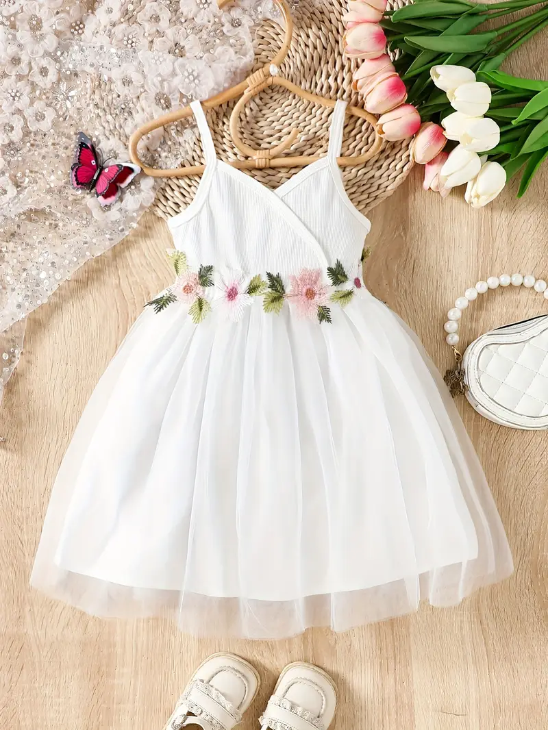 Girls' Spring And Summer Casual Knitted Ribbed Spaghetti Strap Dress with Floral Embroidery And Mesh * The Beach, Holidays, Or Party Gifts Girls' Spring And Summer Casual Knitted Ribbed Spaghetti Strap Dress with Floral Embroidery And Mesh * The Beach, Holidays, Or Party Gifts