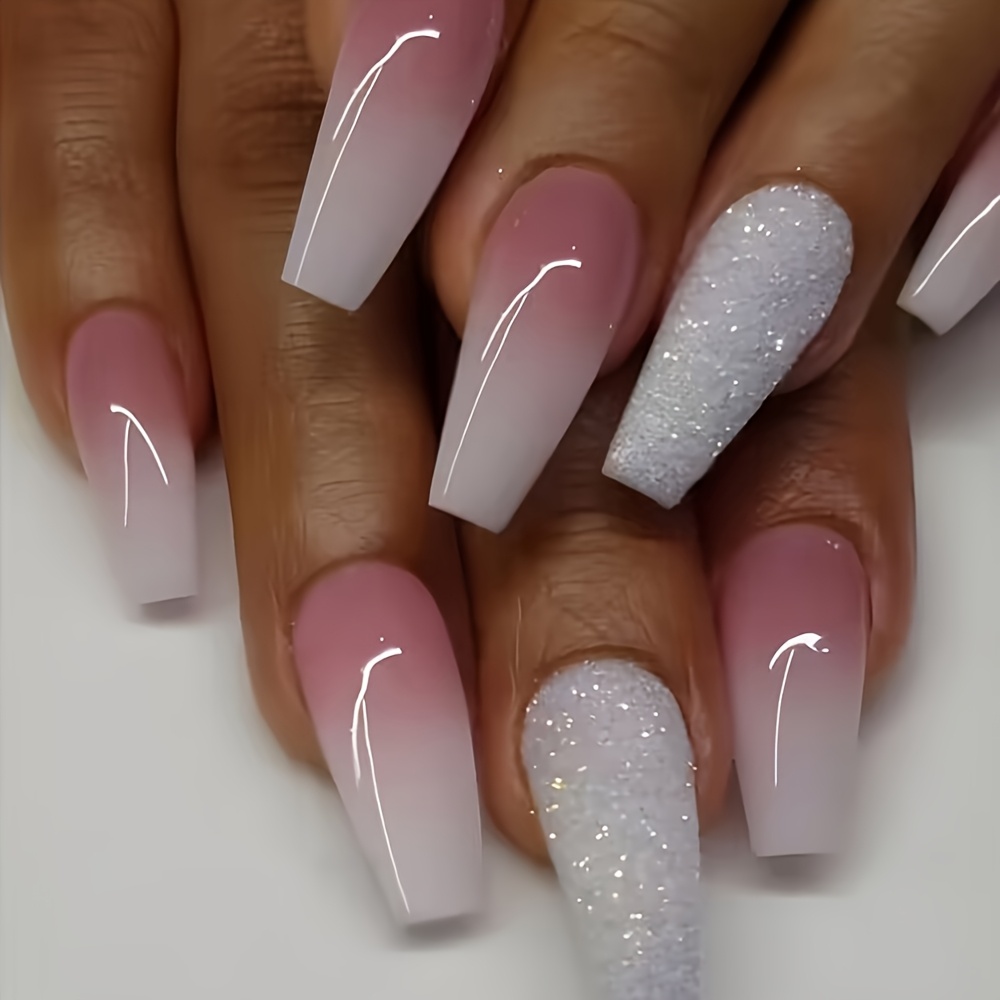 

24pcs Set, Elegant Pink Ombre & Glitter Gradient Coffin Press-on Nails - Medium Length, , Reusable False Nails For Women, Cute Nails