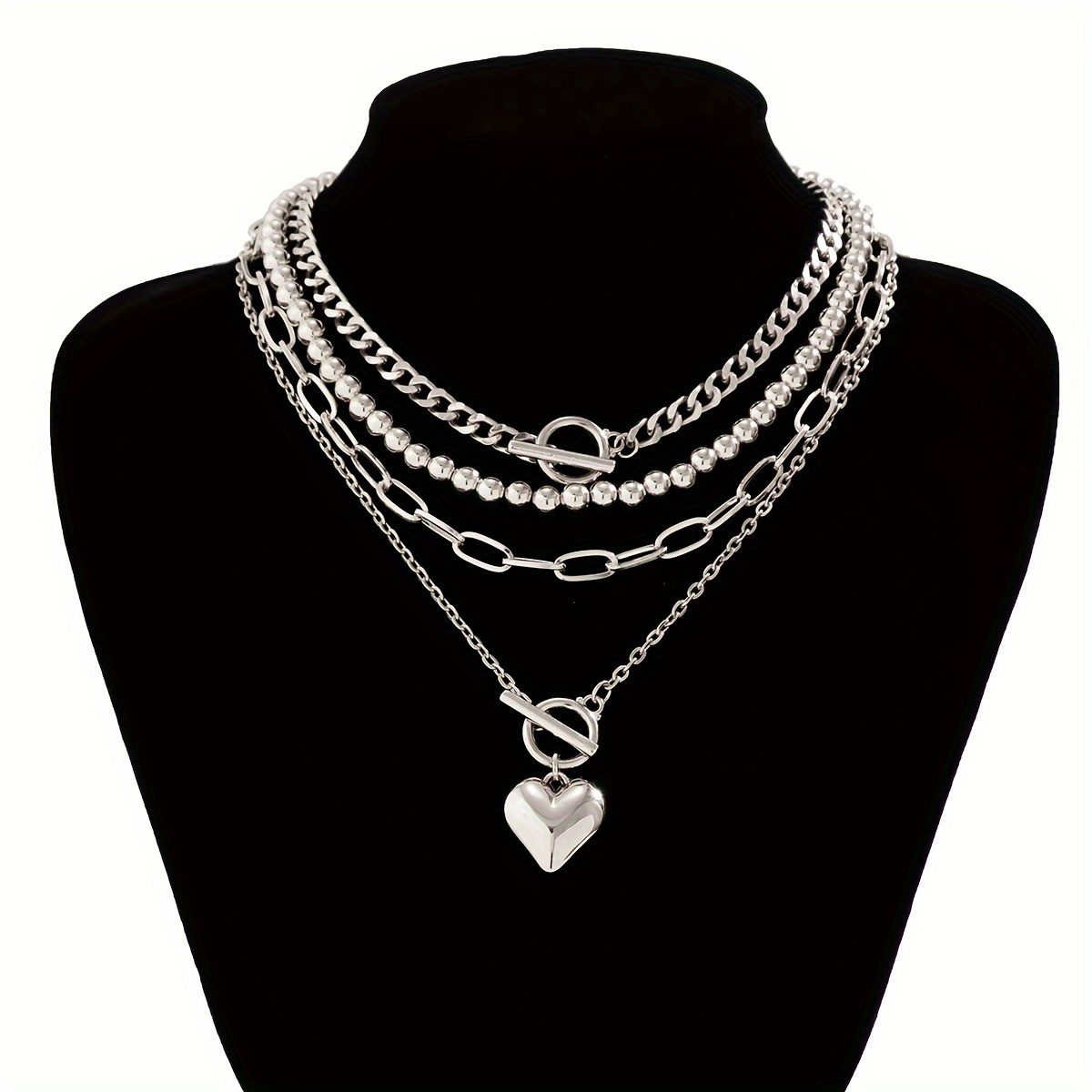 Image of 4pcs Set Of Hip-hop Easy Bead Necklace Women's All-match Geometric Ot Closure Short Heart Chain Jewelry