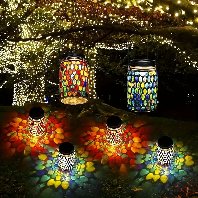 

2/1 Pack Solar Mosaic Glass Lanterns, Lawn Atmosphere Lamp, Outdoor Hanging Solar Powered Rechargeable Table Lamps, Decorative Patio Garden Lights