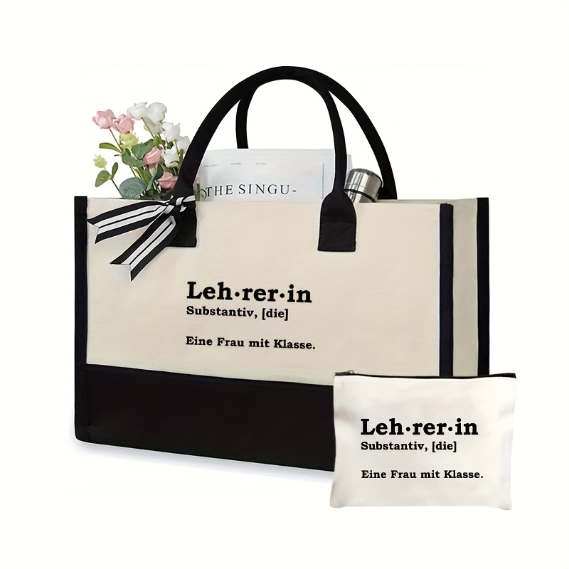 Image of 2pcs Women' Set: German Teacher Print Tote And Makeup Bag - Black & Block, Elegant Style, Perfect For Gifts, , Thank You Gift, Travel Must-have Coin Purse, Festive Letter Design Shopping Bag
