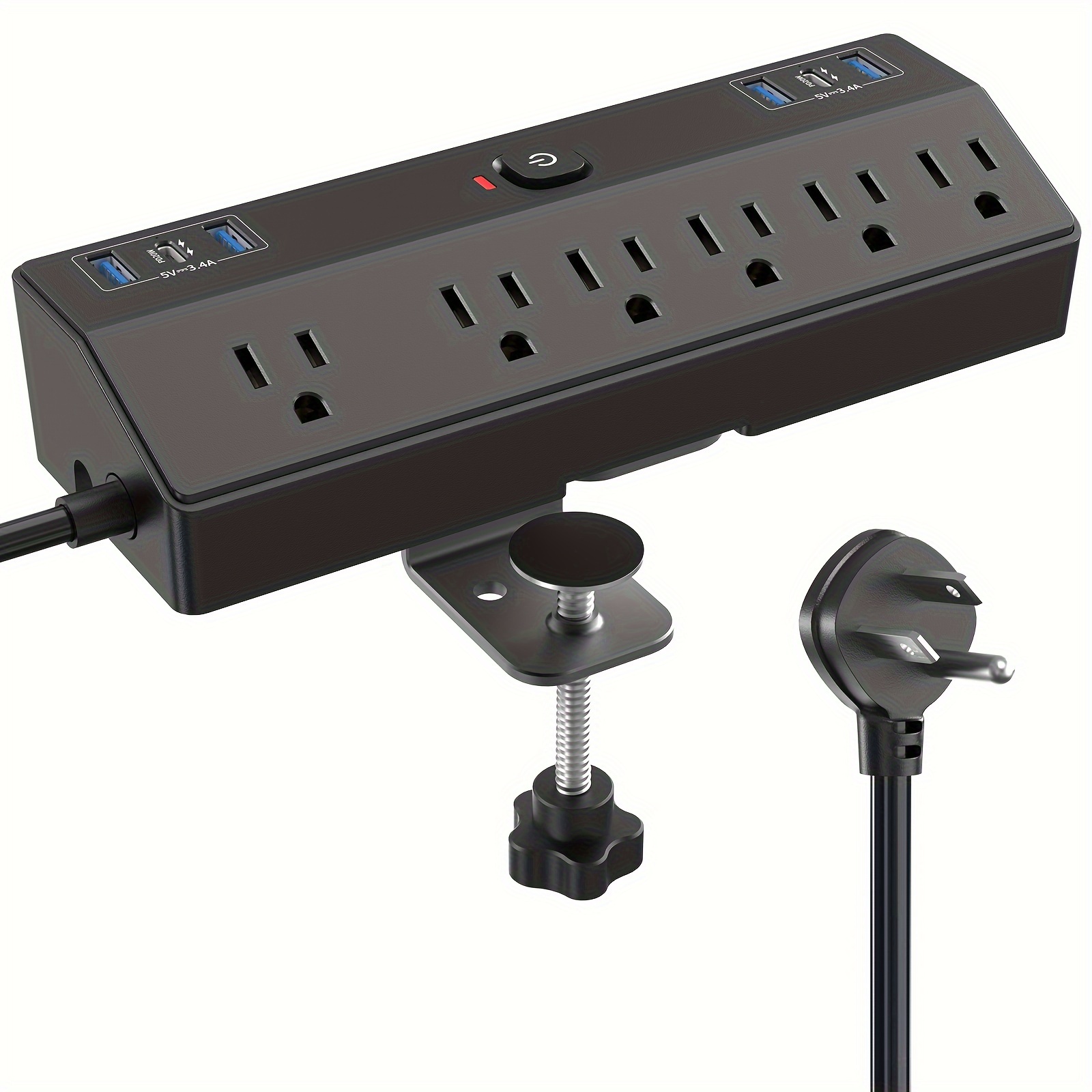 TEMU Multiprise de bureau à pince 40W, station de charge rapide, 2 ports USB-C, 6 prises CA et câble de 10 pieds, convient pour bord de bureau de 1,8