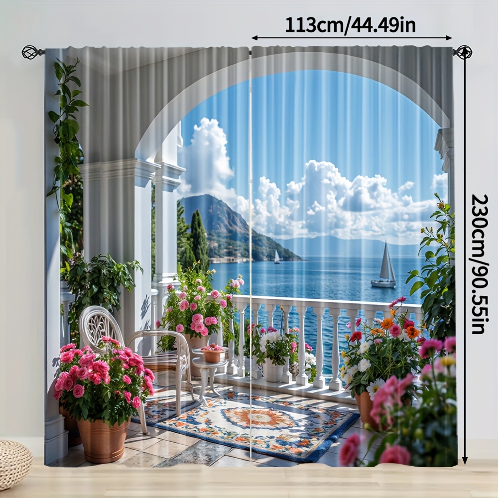 TEMU 2d Flat, 2pcs Coastal Window Curtains - Blackout Window Drapes With Design, Durable Polyester Window Treatments For Living Room, Kitchen,