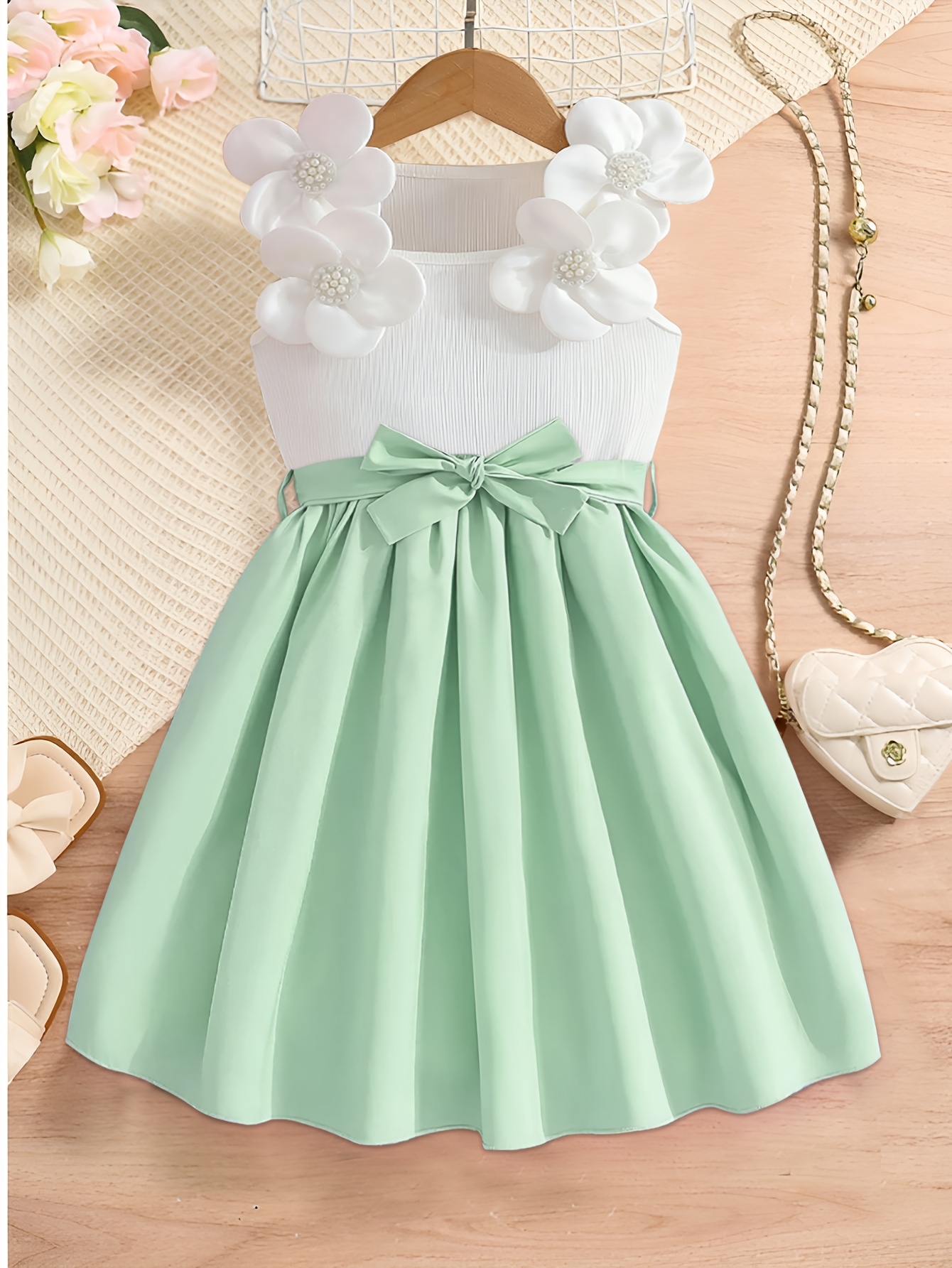 girls fresh green contrast color dress 3d - Temu Bahrain