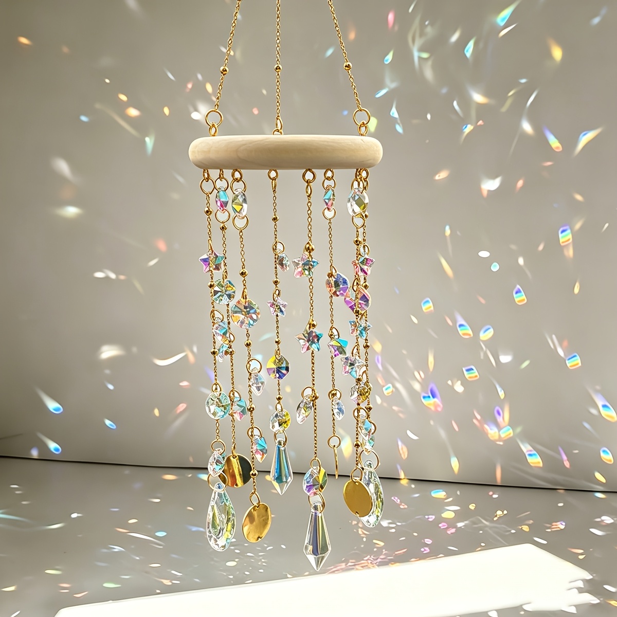 Image of Wooden Ring Catcher Holiday Hanging Ornament, Iridescent Prism Catcher Bohemian Wind Chime, Indoor And Outdoor Home Garden Wall Light Catcher Decoration Gift, Suitable For Windows