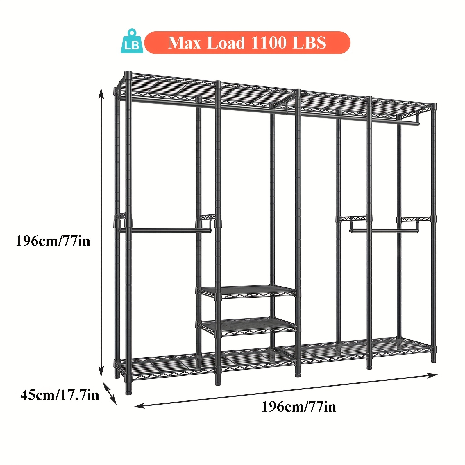 E-shop Robuster Kleiderständer, Multifunktionaler Kleiderständer 1100LBS, 4-stufige freistehende Garderobe 77" Breite, 11 Drahtregale + Kippgurt,