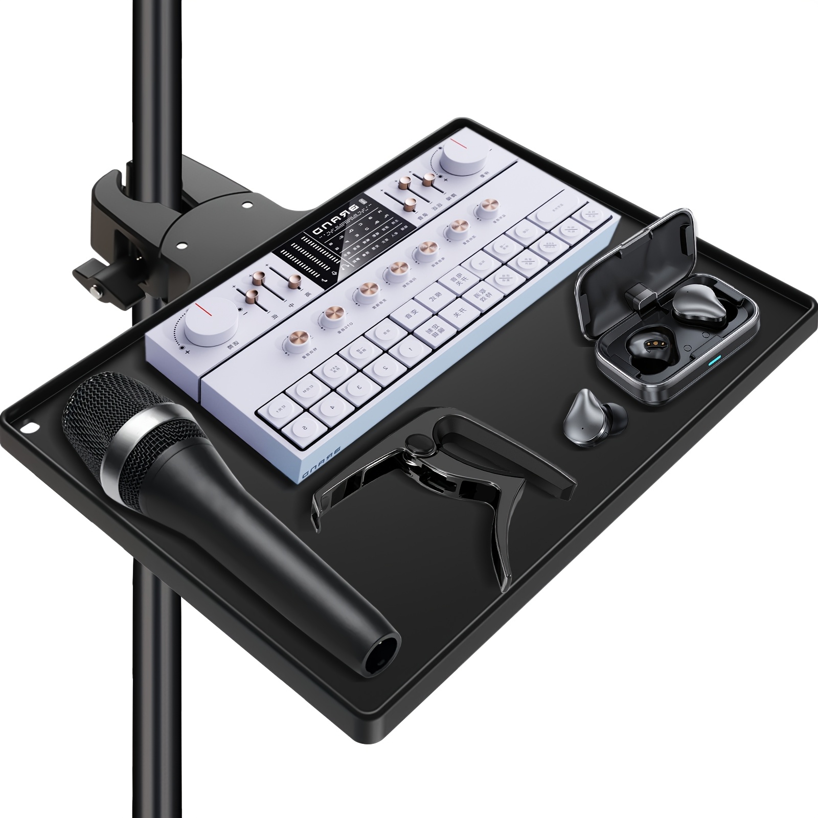 Image of Microphone Stand Tray With Crab Clamp, 10.6 X 7.8 Inches Large Mic Stand Tray Shelf Clamp Stand Tray Attachment For Studio Concert Karaoke Stands For Storage