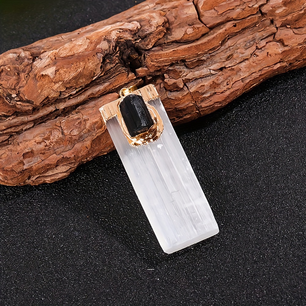 

1pc Natural Selenite Pendant With Black, White Stone, Crystal Quartz Gemstone For , Necklace, Unisex Gift, Home Decor