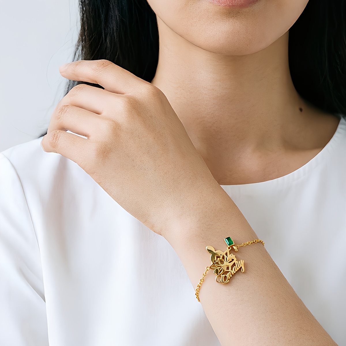 Custom Lotus Name Bracelet, Stainless Steel with Green Crystal