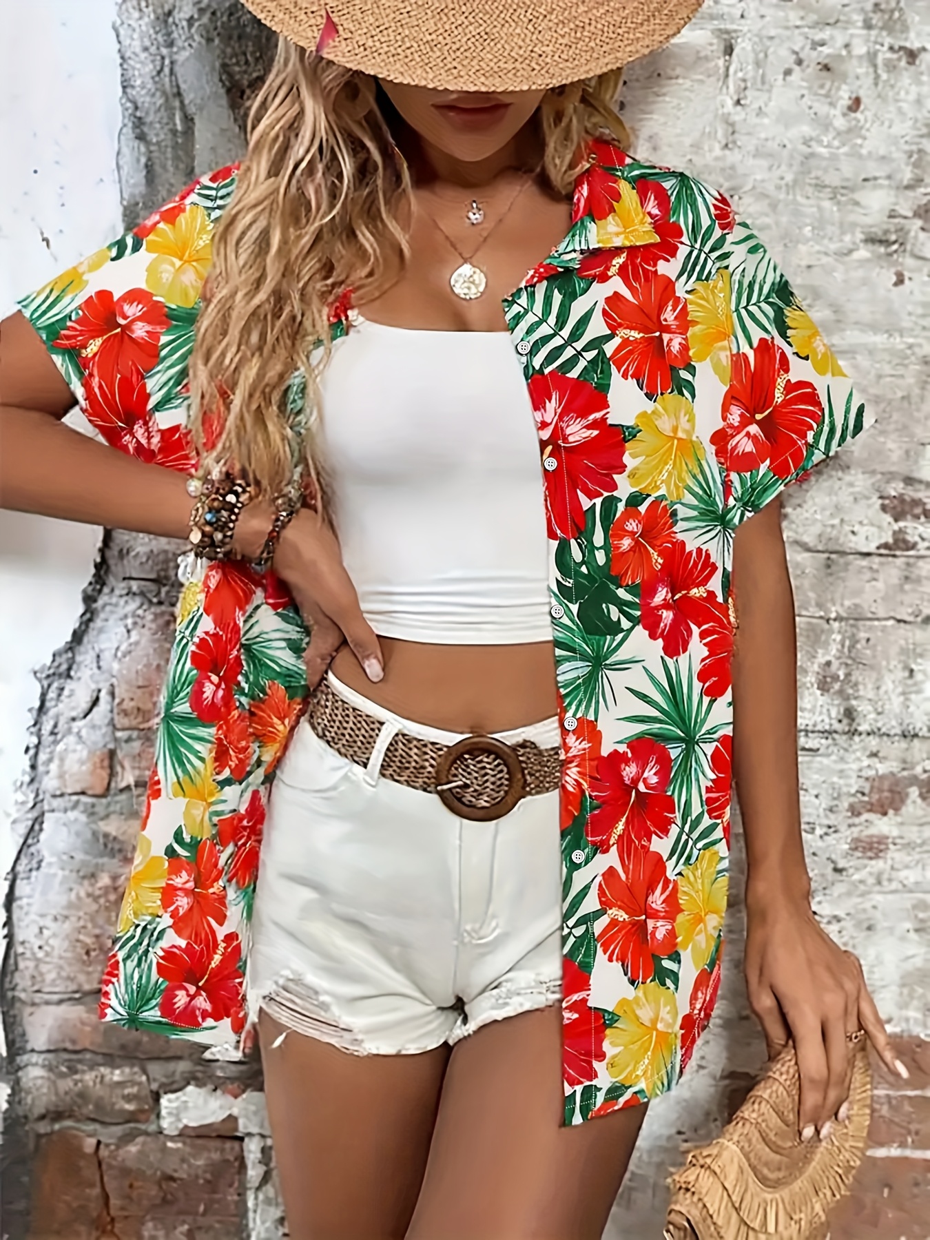 womens tropical hawaiian print short sleeve button up shirt lightweight summer casual blouse with vibrant     beach   tropical getaways beach shirt