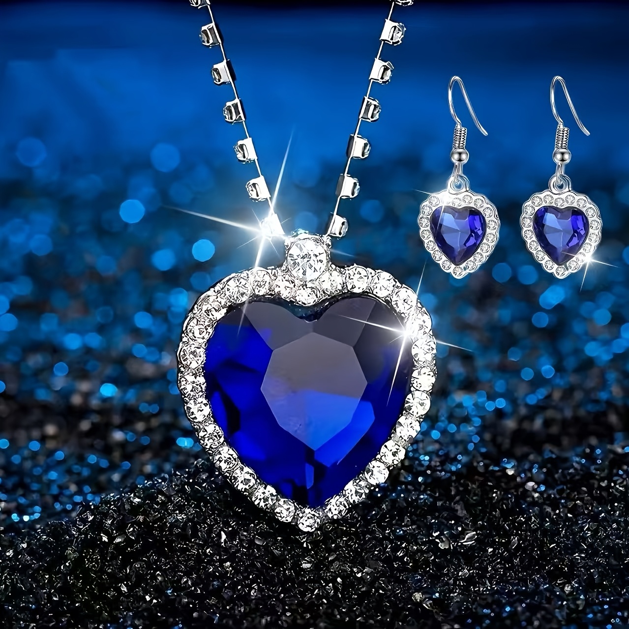 TEMU 3pcs Women's Ocean Blue Heart Jewelry Set - Heart Pendant Necklace & Earrings, Trendy Jewelry, Perfect Gift For Her On Birthday/christmas/valentine's Day, Ideal For Vacation & Party Wear