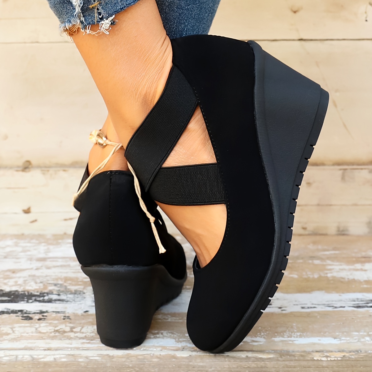 

Women's Comfy Wedge Shoes, Black Crisscross Elastic Strap Slip On Shoes, Casual Versatile Shoes For Daily Wear
