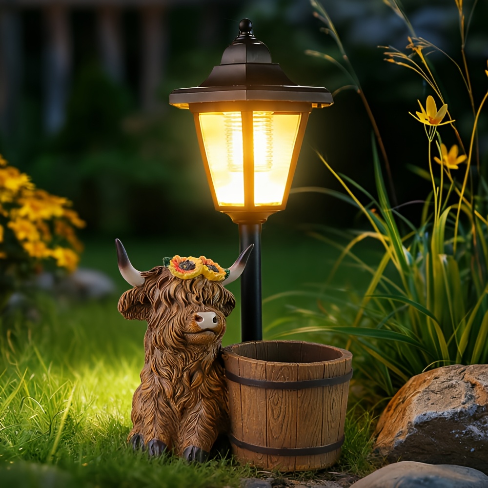 TEMU Outdoor Highland Cow Flower Pot Garden Statue Decorative Solar Light Succulent Plant Pot (excluding Artificial Flowers) Valentine's Day And New