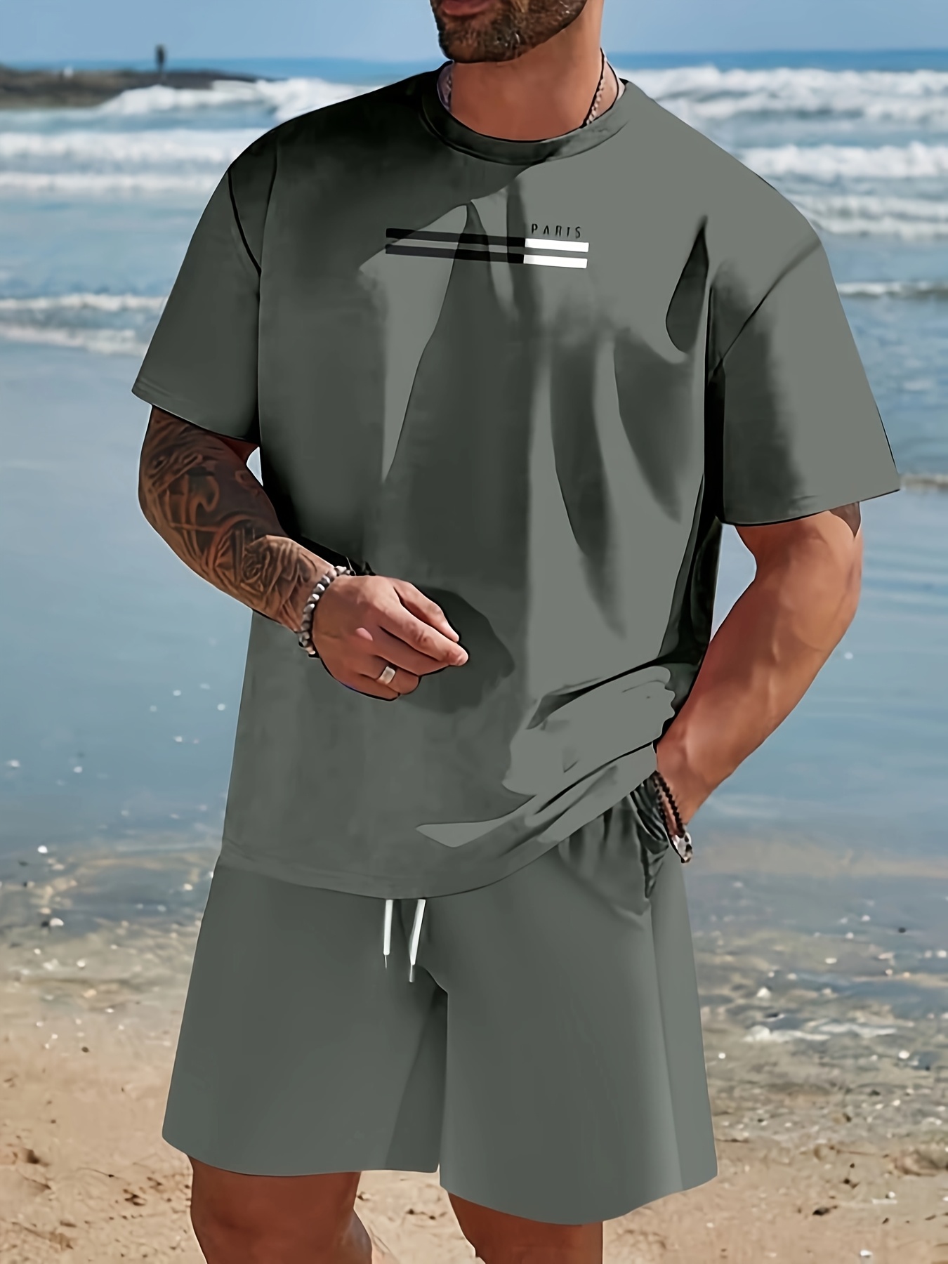 mens fashion two piece set casual short sleeve round neck t shirt shorts with 3  print solid color striped horizontal stripe letter design comfortable summer outfit for beach workout or vacation