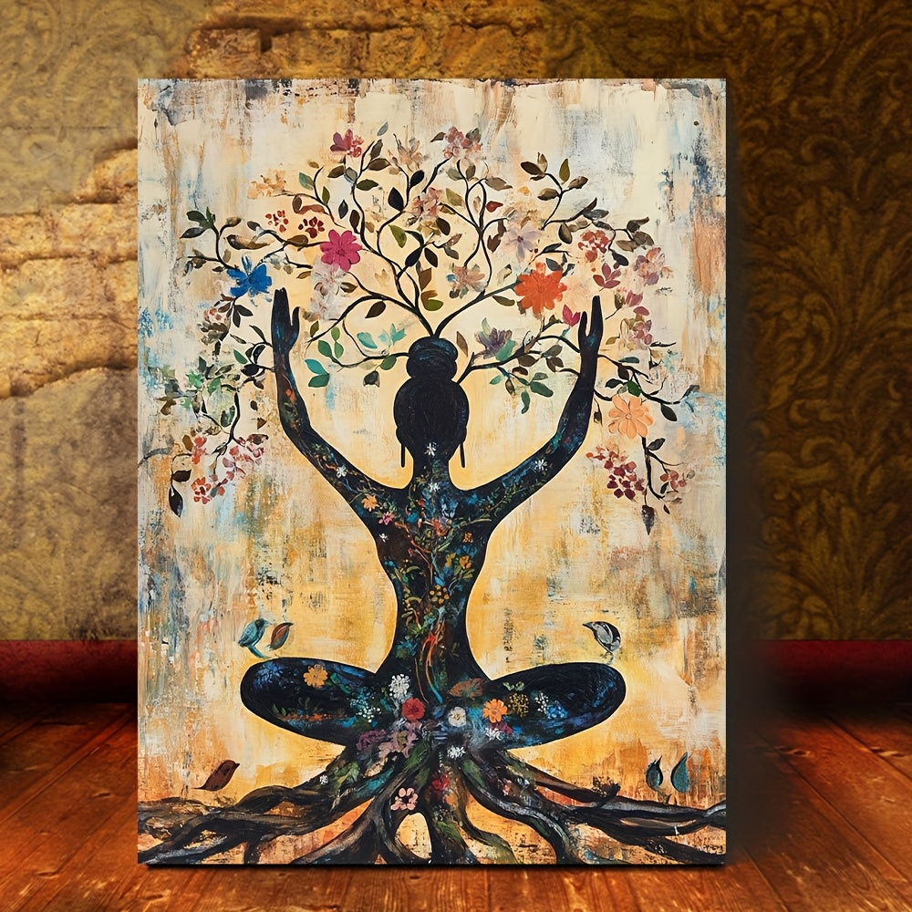 TEMU 2d Flat, 1pc Tree Of Life & Yoga Meditation Canvas Painting - En Unframed Spiritual Wall Art With Pose, Floral - Beige, Green, Blue, Orange,